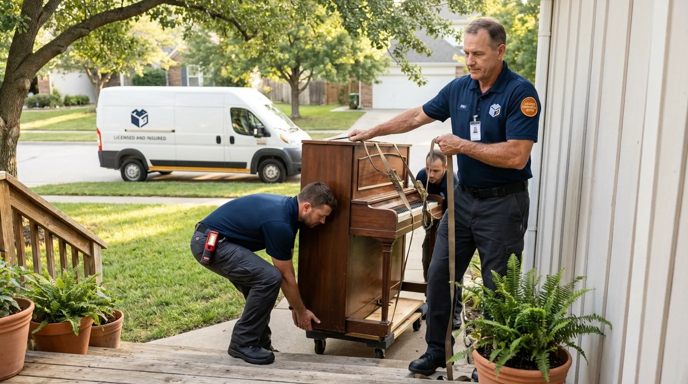 Licensed piano movers securing grand piano in Flat Rock, MI