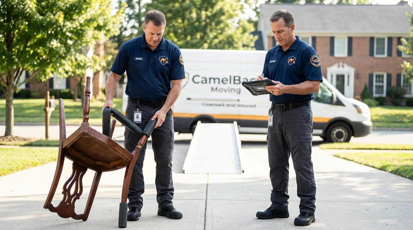 Movers inspecting furniture for damage prevention before loading in Flat Rock, MI