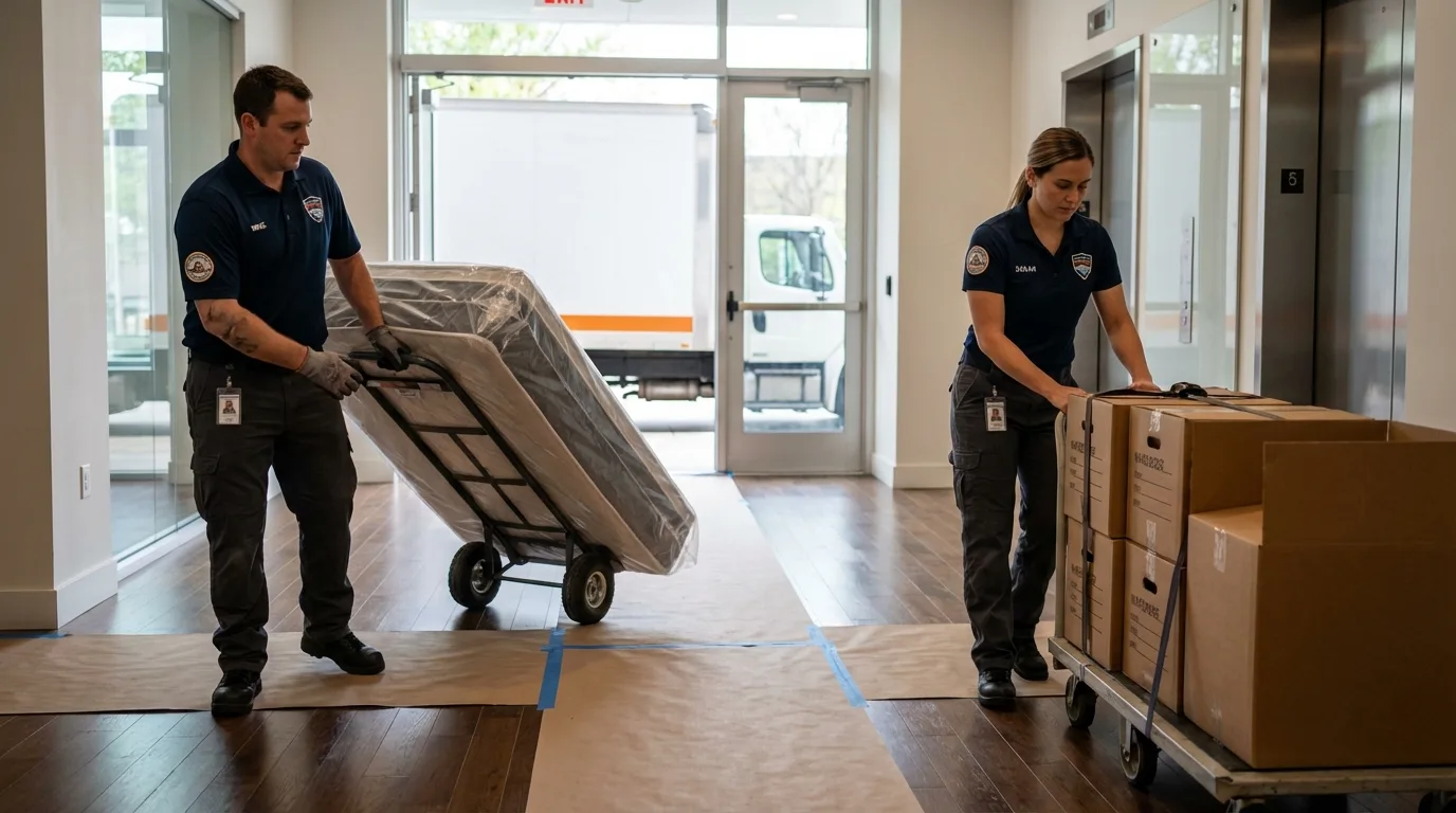Professional apartment movers loading elevator in Flat Rock, MI